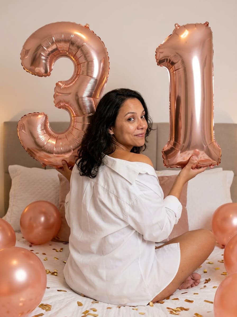 Ensaio de aniversário com balões rose gold gerado pela minhafoto.ai