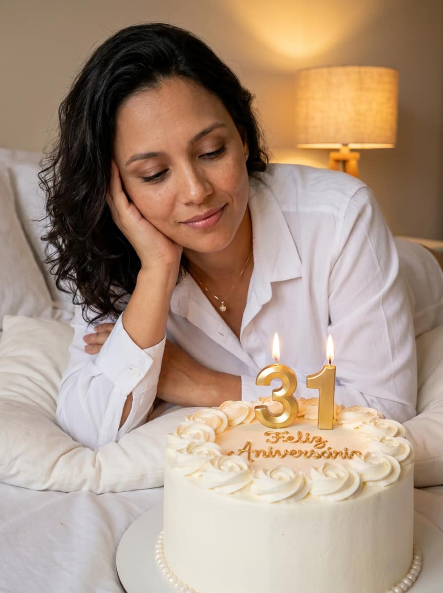 Ensaio de aniversário com bolo e velas gerado pela minhafoto.ai